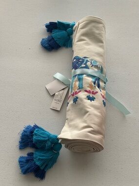 Chico's Cream Table Runner with Teal and Navy Tassels